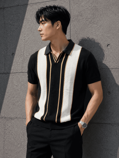 Men’s Premium Knitted Polo T-Shirt – Teal Vertical Stripe Korean Fit Tee