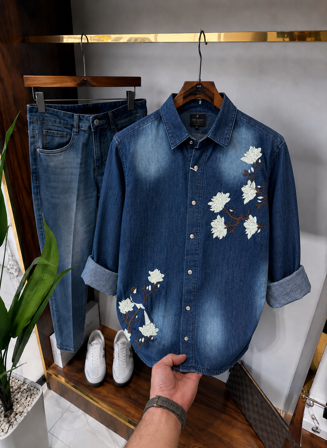 Men’s Floral Embroidered Denim Shirt
