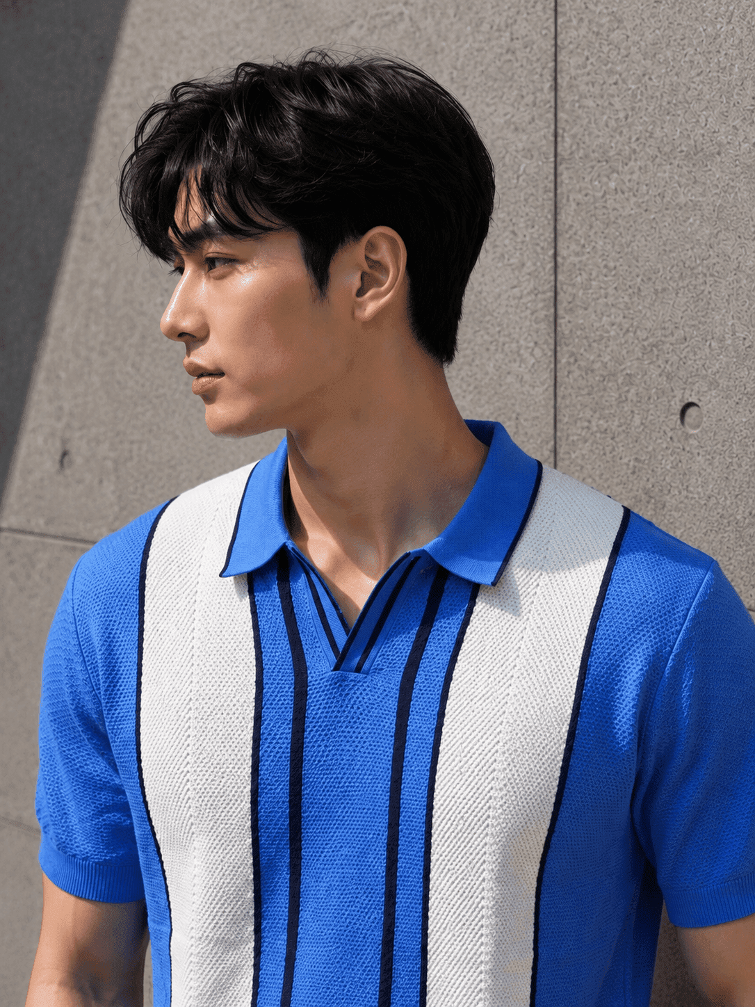 Men’s Premium Knitted Polo T-Shirt – Teal Vertical Stripe Korean Fit Tee