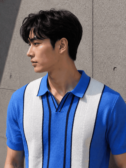 Men’s Premium Knitted Polo T-Shirt – Teal Vertical Stripe Korean Fit Tee