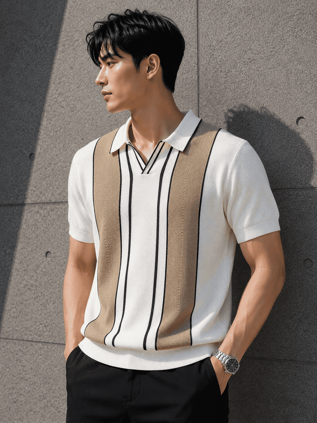 Men’s Premium Knitted Polo T-Shirt – Teal Vertical Stripe Korean Fit Tee