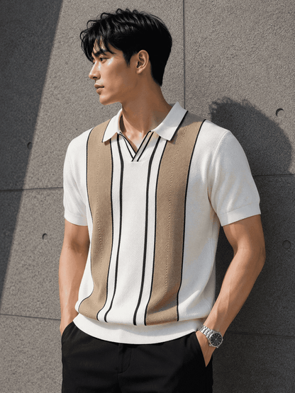 Men’s Premium Knitted Polo T-Shirt – Teal Vertical Stripe Korean Fit Tee