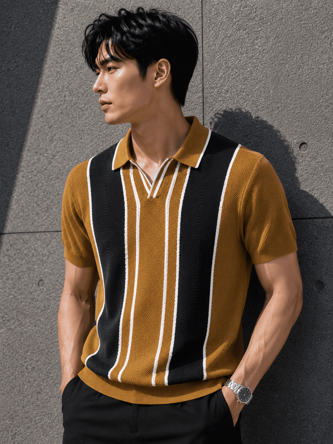 Men’s Premium Knitted Polo T-Shirt – Teal Vertical Stripe Korean Fit Tee