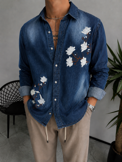 Men’s Floral Embroidered Denim Shirt