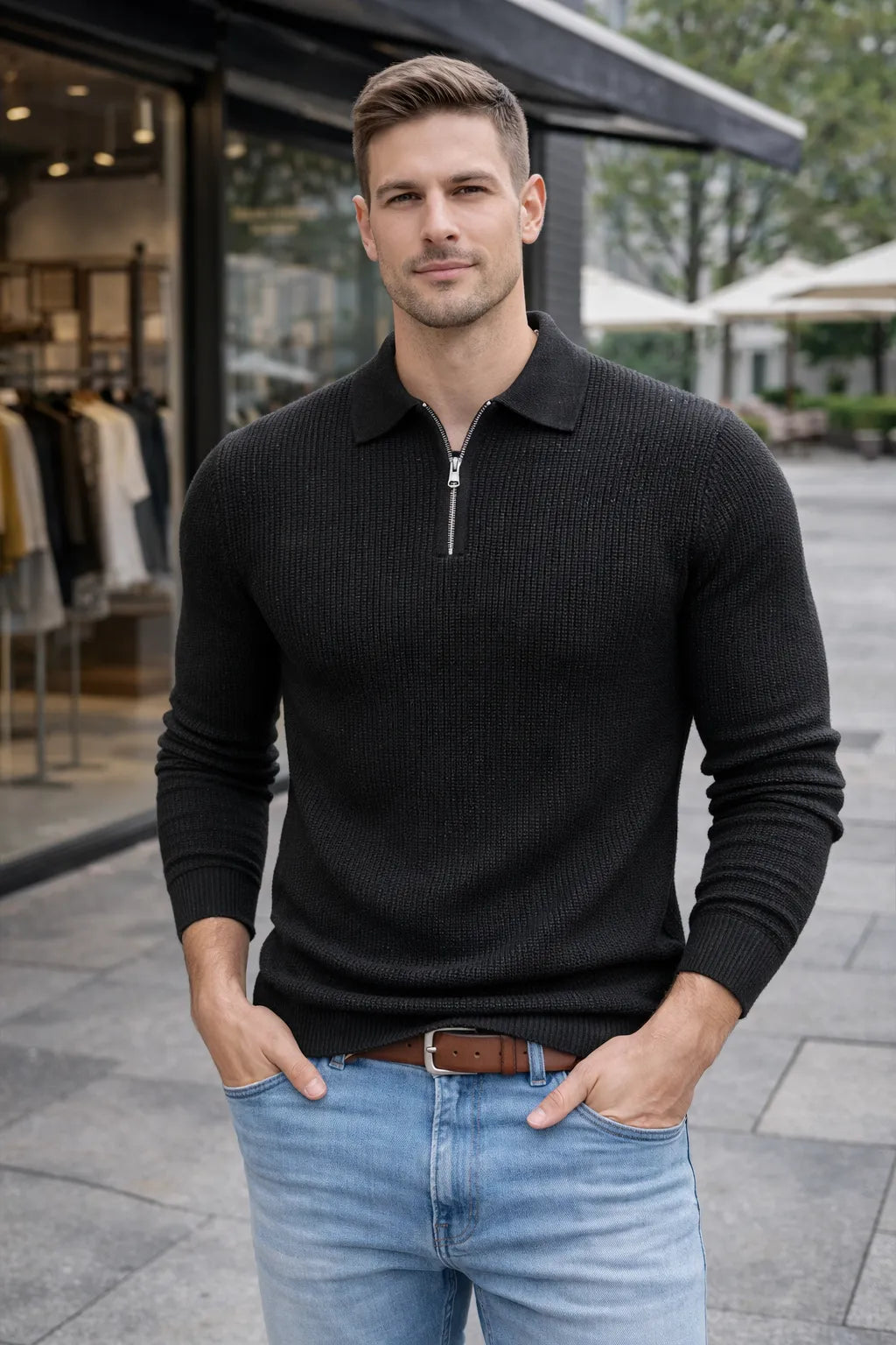 BARRONZ STRIPPED FULL SLEEVE T-SHIRT WITH COLLAR