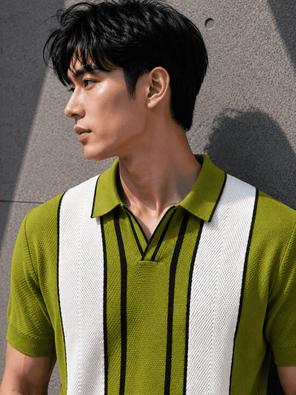 Men’s Premium Knitted Polo T-Shirt – Teal Vertical Stripe Korean Fit Tee