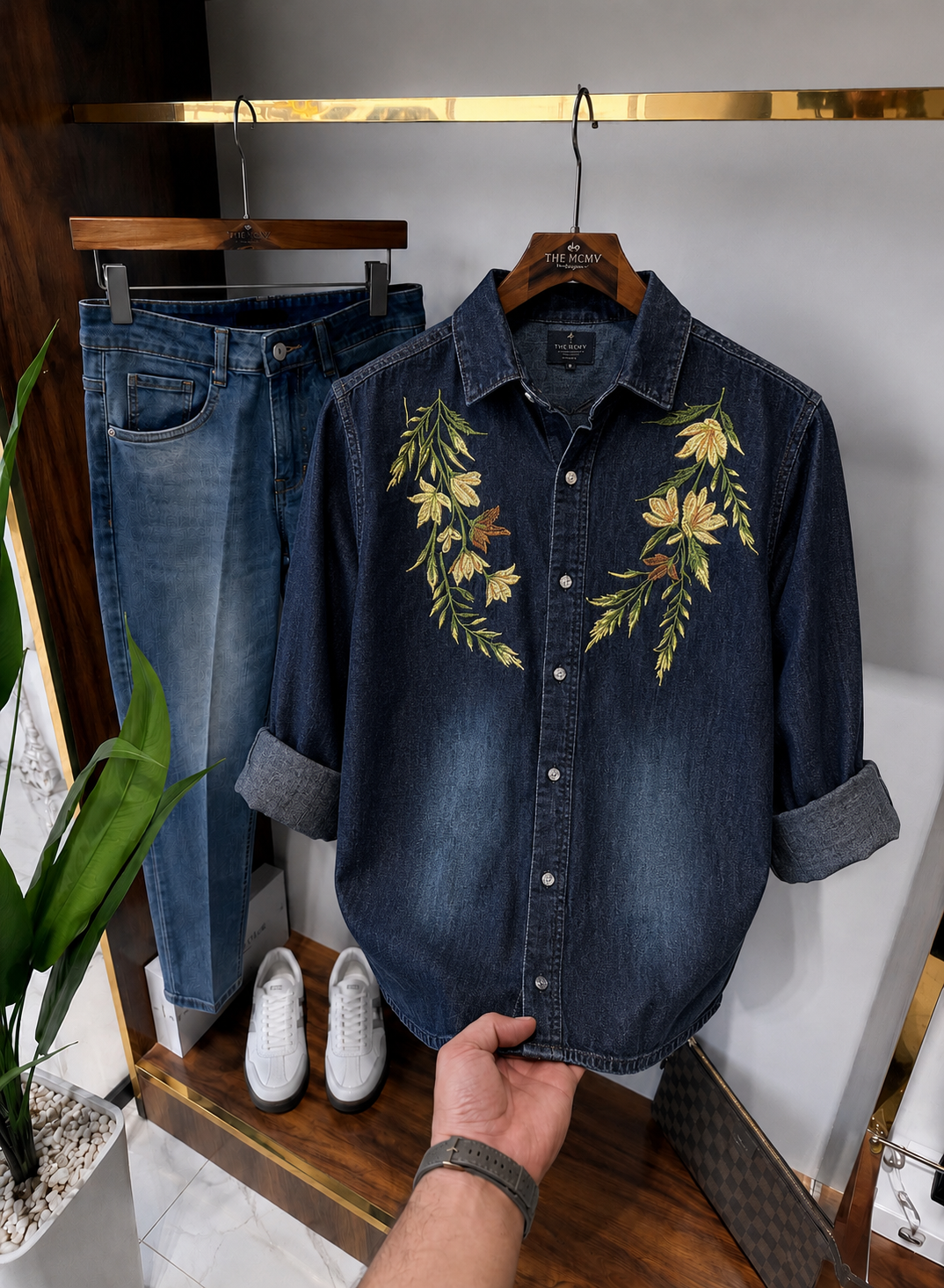 Men’s Floral Embroidered Denim Shirt