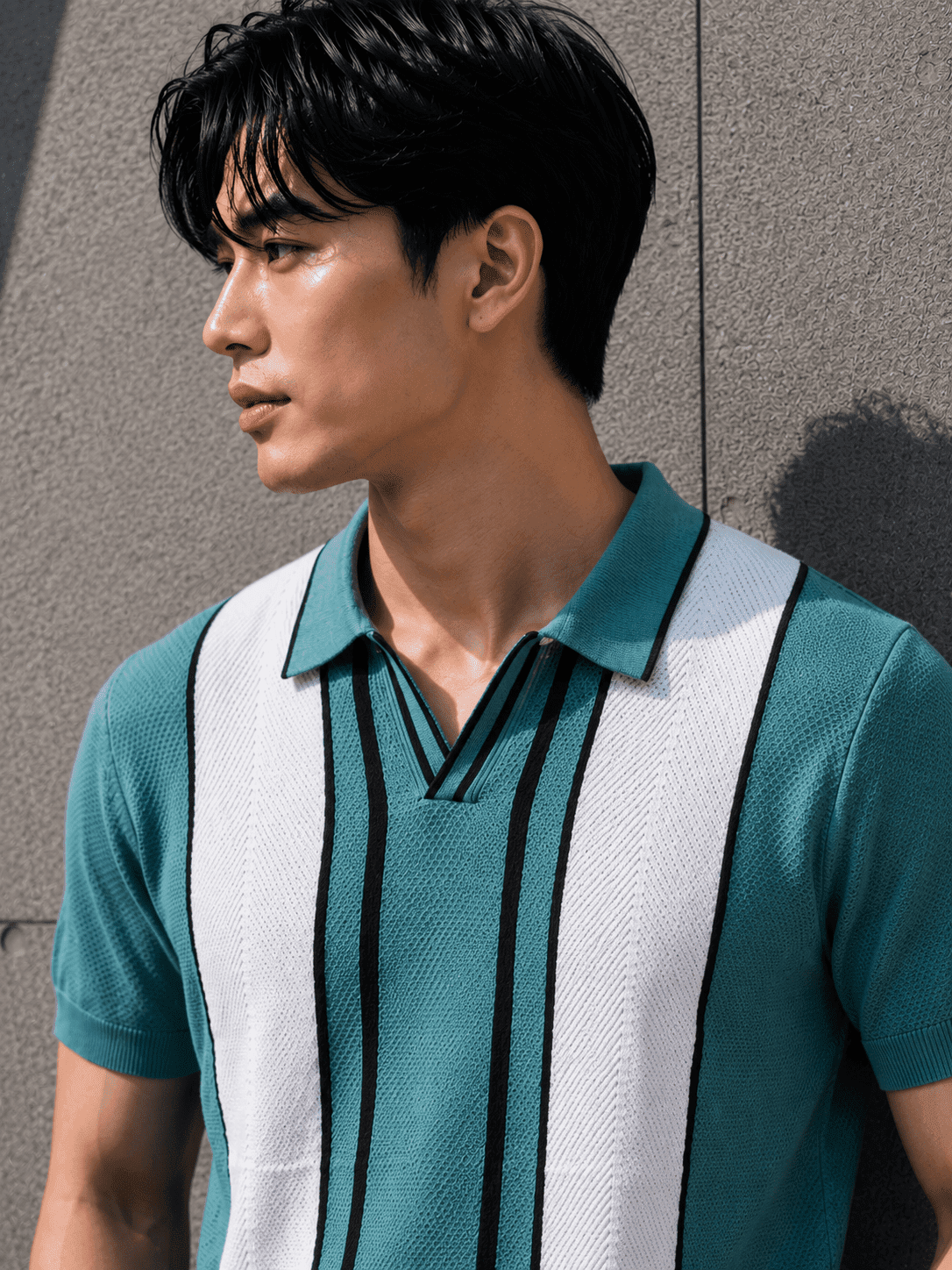 Men’s Premium Knitted Polo T-Shirt – Teal Vertical Stripe Korean Fit Tee
