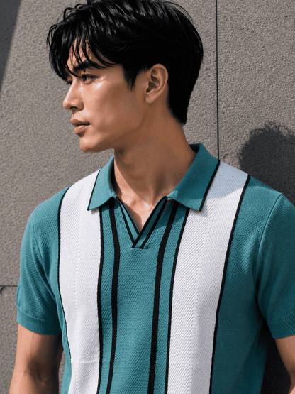 Men’s Premium Knitted Polo T-Shirt – Teal Vertical Stripe Korean Fit Tee