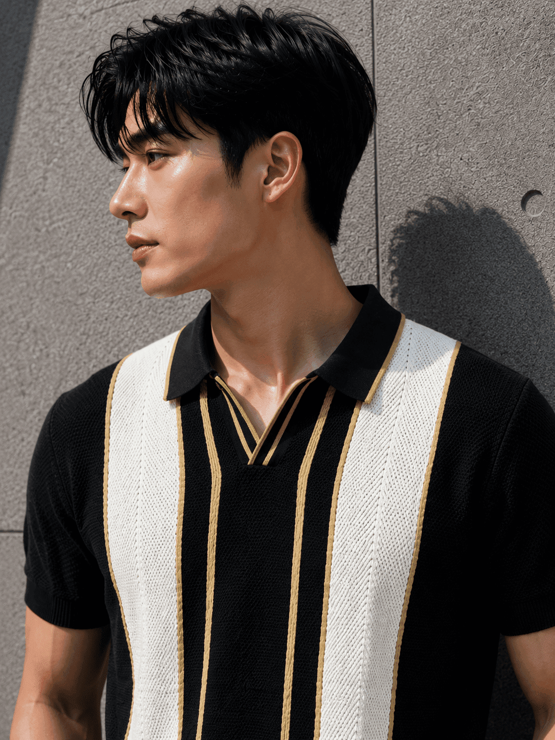 Men’s Premium Knitted Polo T-Shirt – Teal Vertical Stripe Korean Fit Tee