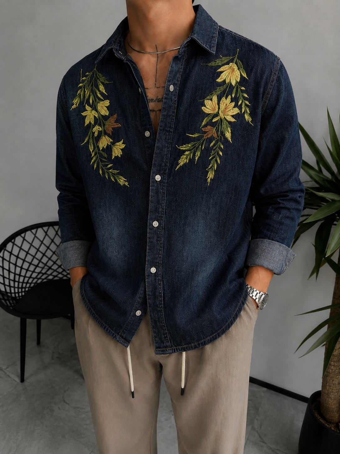 Men’s Floral Embroidered Denim Shirt
