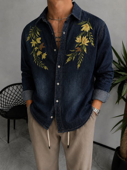Men’s Floral Embroidered Denim Shirt