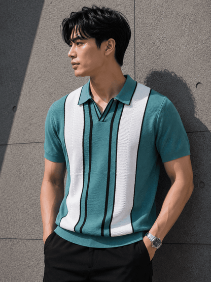 Men’s Premium Knitted Polo T-Shirt – Teal Vertical Stripe Korean Fit Tee