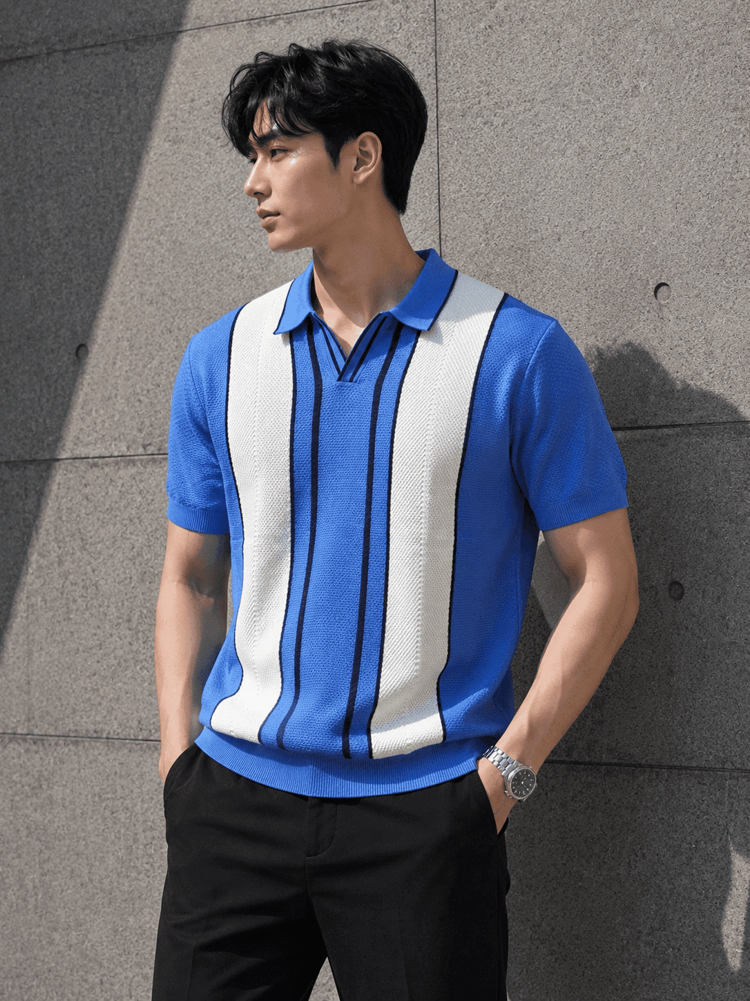 Men’s Premium Knitted Polo T-Shirt – Teal Vertical Stripe Korean Fit Tee