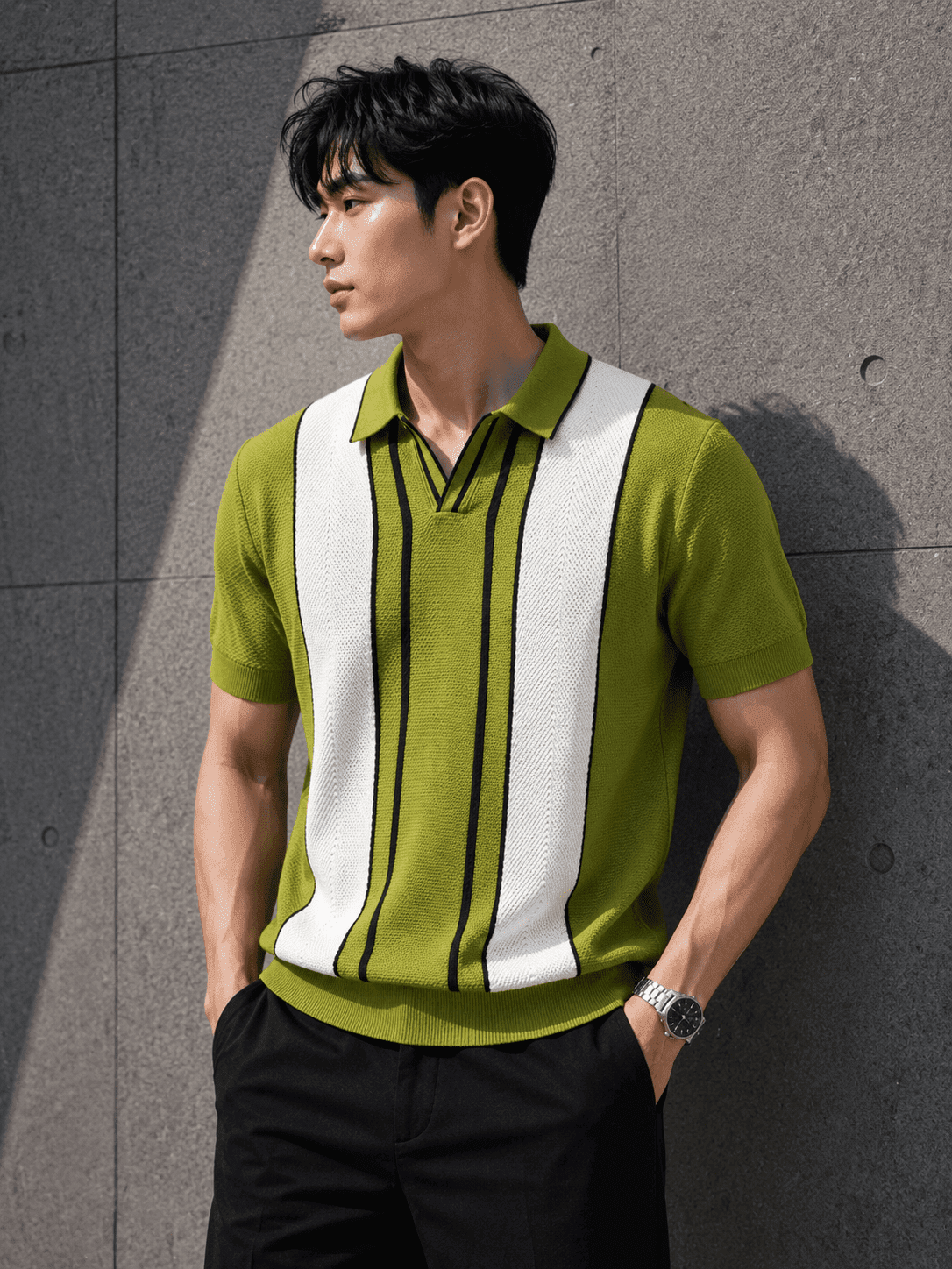 Men’s Premium Knitted Polo T-Shirt – Teal Vertical Stripe Korean Fit Tee