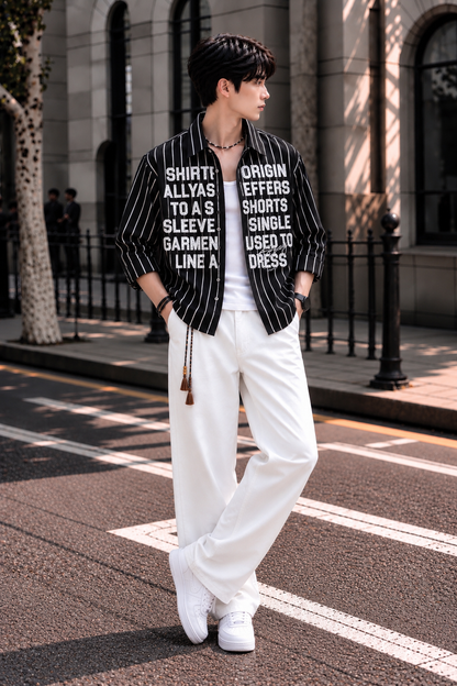 Men’s Premium Boxy Fit Striped Graphic Shirt | Oversized Full Sleeve Casual Streetwear Shirt