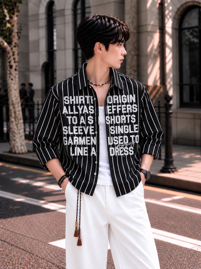 Men’s Premium Boxy Fit Striped Graphic Shirt | Oversized Full Sleeve Casual Streetwear Shirt